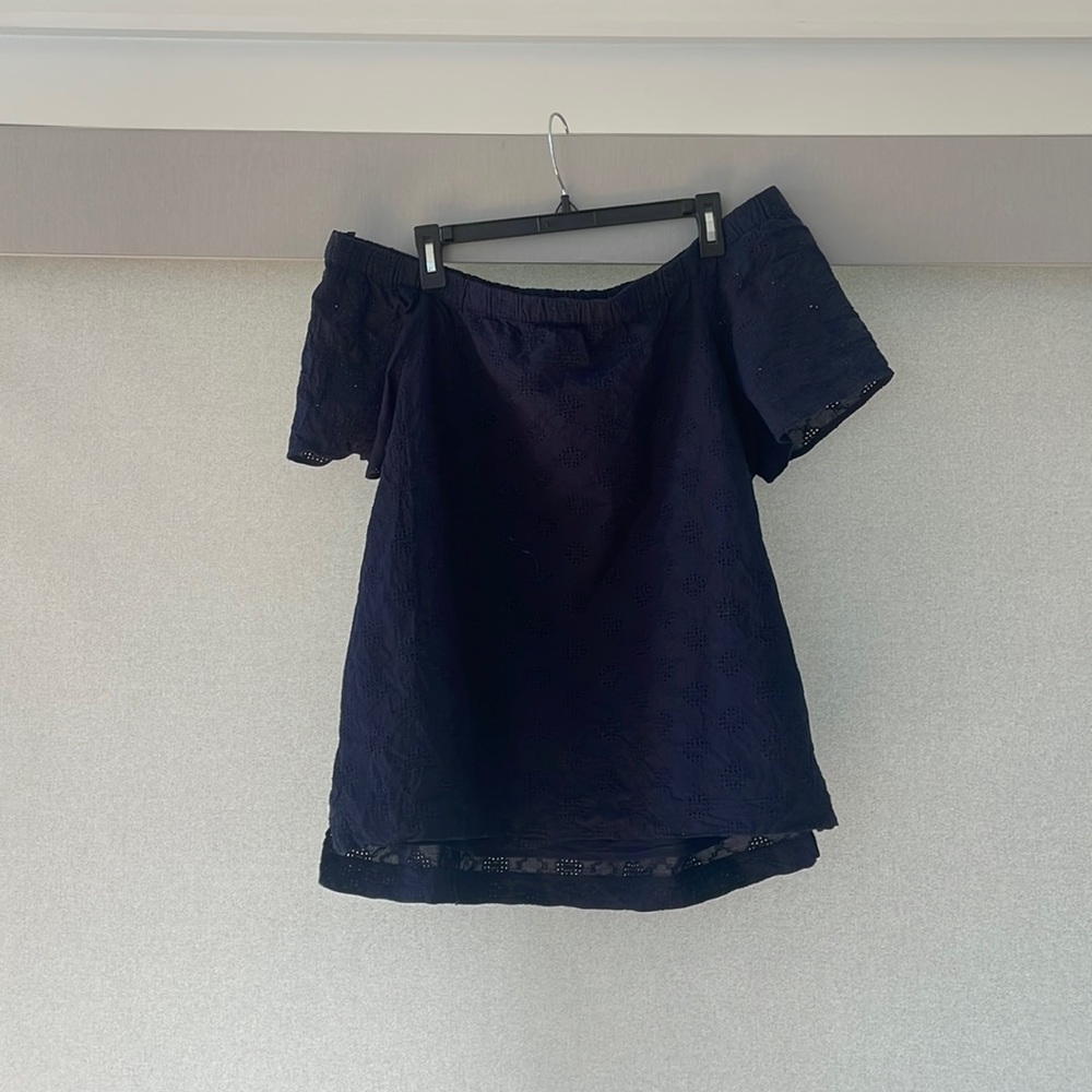 Navy eyelit off shoulder top